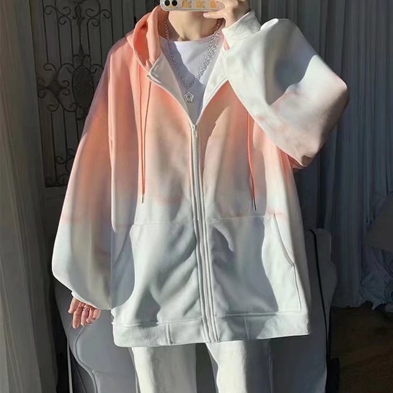 Áo khoác hoodie tay dài dáng rộng phối màu nhuộm gradient kiểu Hồng Kông thời trang xuân thu dành cho nam