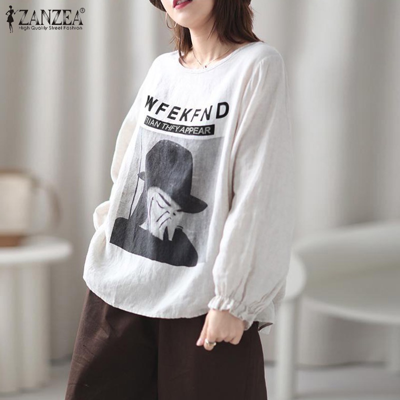 Áo kiểu ZANZEA dài tay cổ tròn in họa tiết thời trang cho nữ
