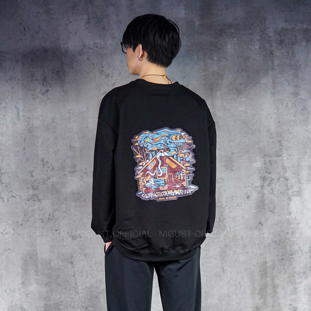 Áo sweater nam nữ local brand NIGUST Escape at Night N208 chất liệu nỉ da cá form rộng màu đen trắng Fullbox