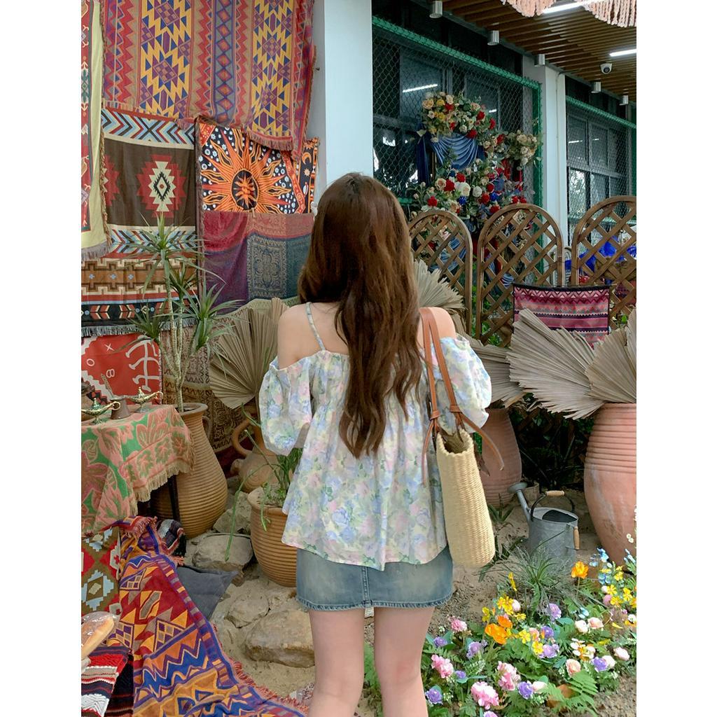 Porozi Áo croptop Trễ Vai Họa Tiết Hoa Thời Trang Mùa Hè Mới Cho Nữ