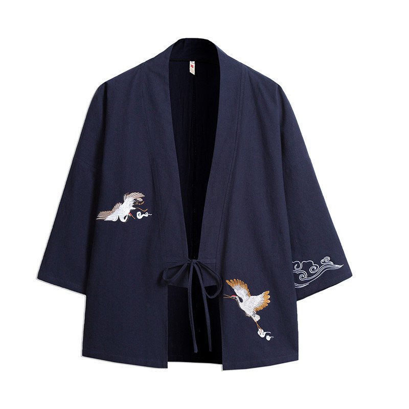 Áo Khoác Kimono Tay Ngắn Chất Liệu Vải Lanh Mỏng In Họa Tiết Chim Hạc Phong Cách Trung Hoa Cổ Điển Cho Nam