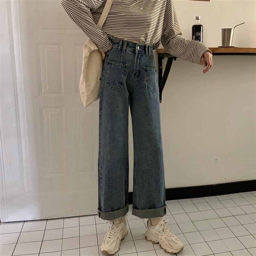 Quần Jeans Nữ Lưng Cao Ống Rộng Phong Cách Hàn Quốc
