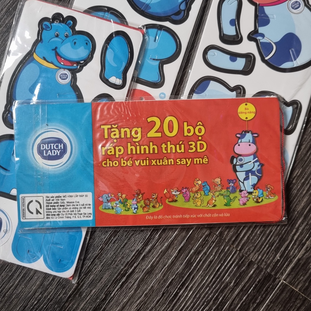 Set 4 mô hình đồ chơi xếp hình , lắp ráp hình thú 3D hình hà mã và bò sữa Dutch Lady cho bé trai và bé gái