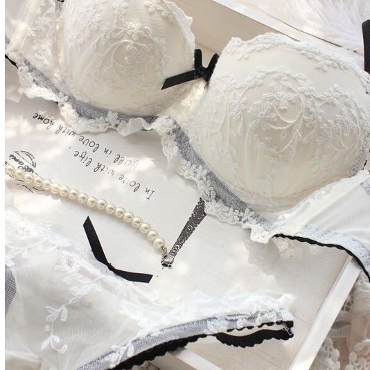 HGL♪Women Sexy Luxury Lace Flower Embroider Bra Set Knickers Push Up White V-Neck