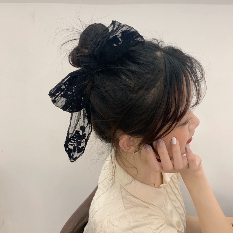 Dây Cột Tóc Nơ Ren Lưới Thanh Lịch Cá Tính Kèm Giá Đỡ Buộc Tóc Đuôi Ngựa Hàn Quốc