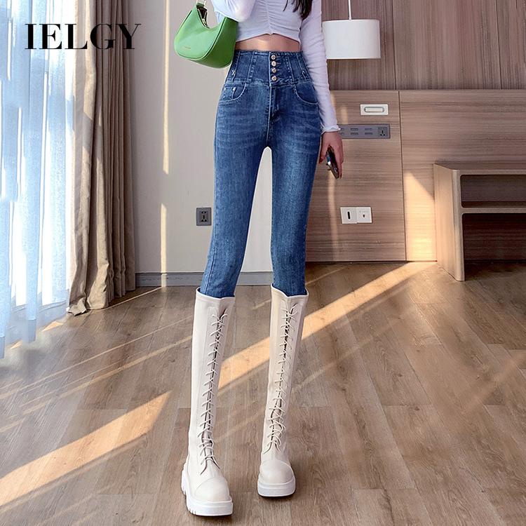 IELGY Quần Jean Nữ skinny Màu Đen Cạp Cao