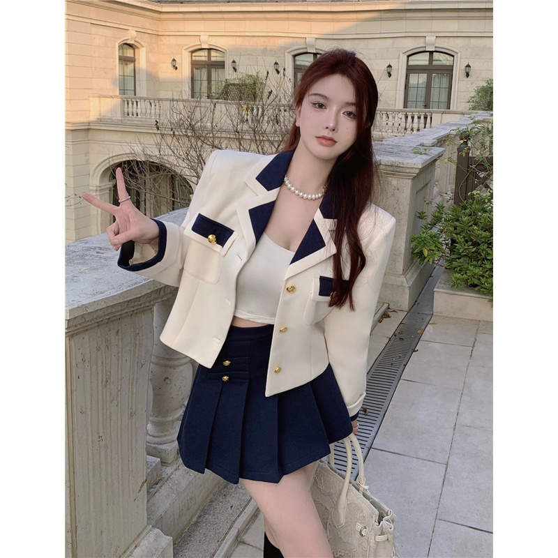 Set áo vest lửng chân váy xếp ly nữ S63 ENINA