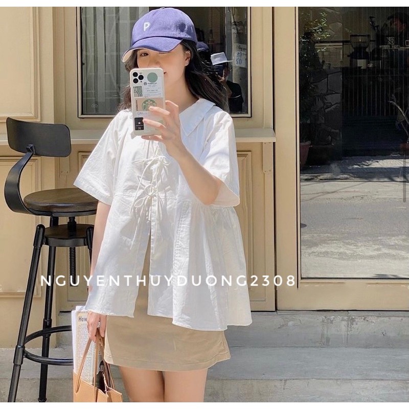 [Ảnh thật/Sẵn]Set áo thắt nơ+chân váy chữ A/Set áo nơ Ulzzang