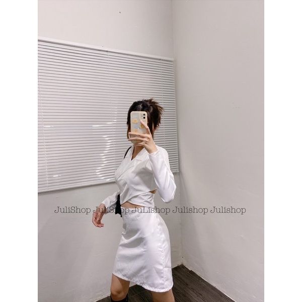 Set áo vest croptop phối chân váy ( ảnh thật shop chụp)