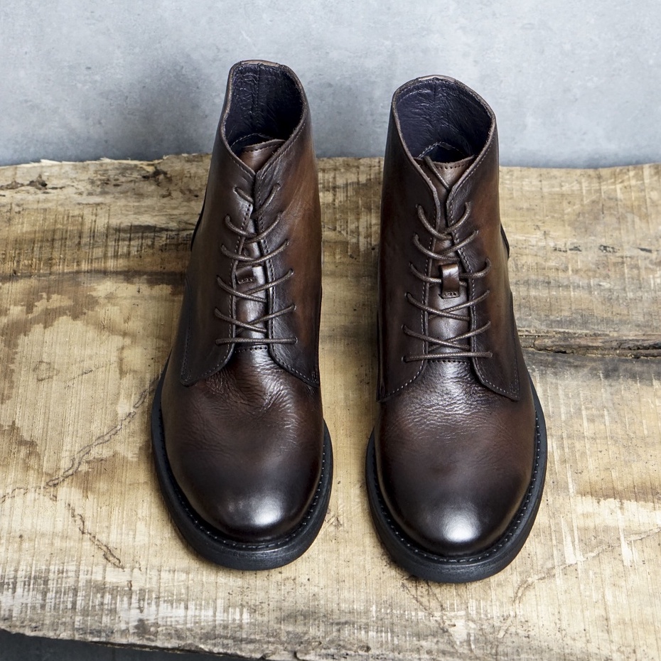 Giày bốt nam da bê màu nâu đậm mũi tròn cao cấp