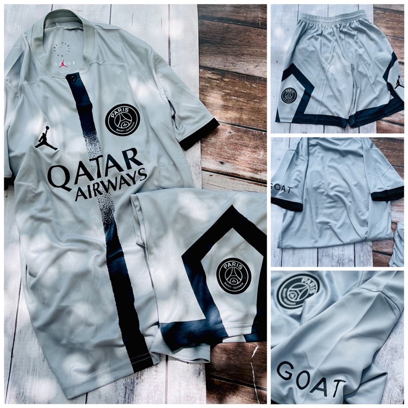 Set bộ quần áo thể thao bóng đá nam nữ clb psg áo quần màu xám vải gai mịn sân khách mùa giải 2022 2023