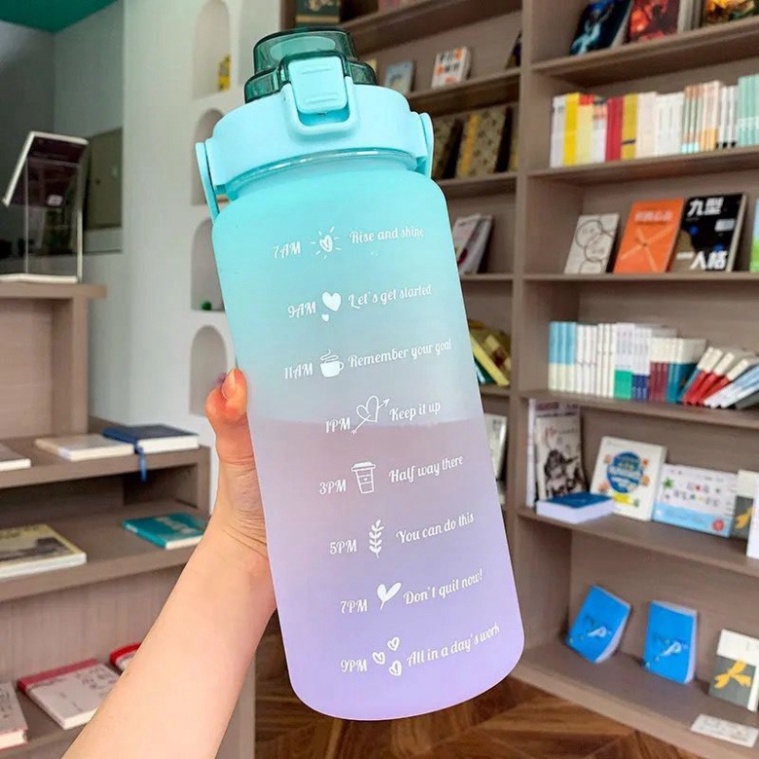 Bình nước 2 lít có vạch báo giờ dành cho người tập gym, thể thao, văn phòng, bình đựng nước cute có vòi hút tiện lợi