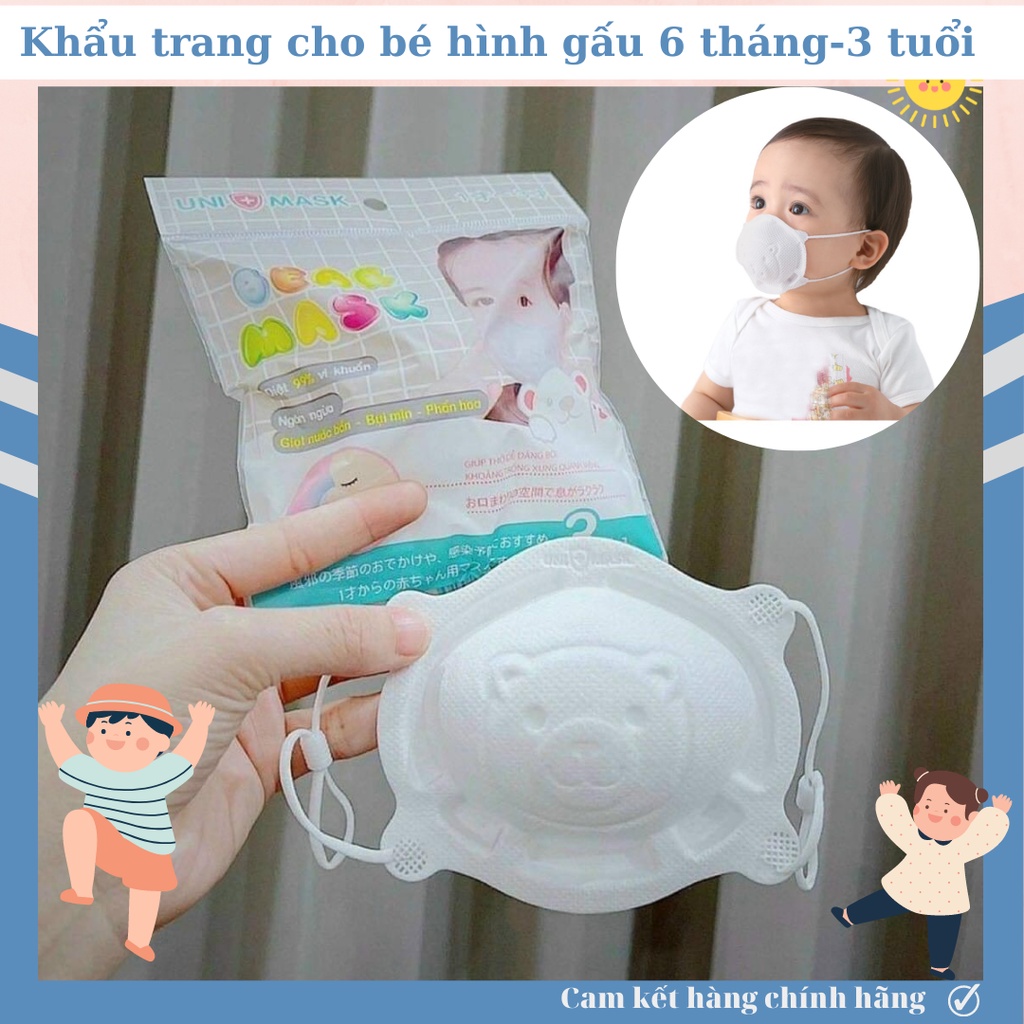 Khẩu Trang Gấu Sơ Sinh Uni Mask Cho Bé Nhỏ Set 3 Cái cho bé từ 1-3 tuổi, lọc bụi kháng khuẩn cho bé 8-12kg
