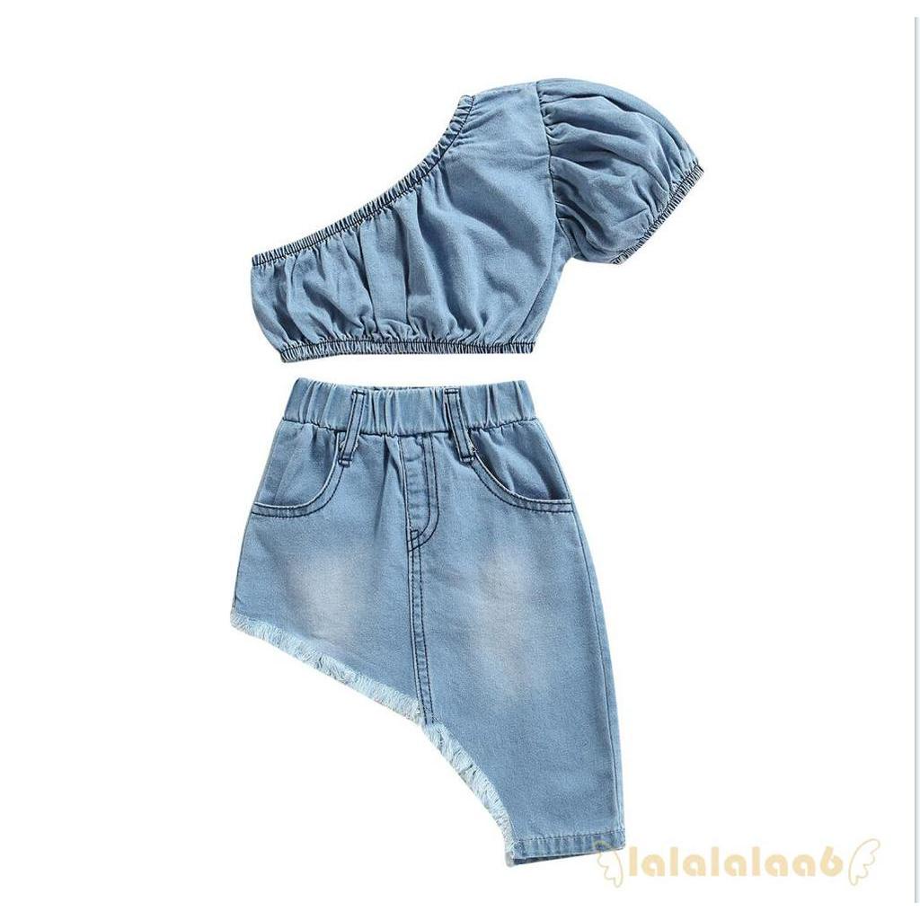 Set áo denim trễ vai ngắn tay + chân váy lệch tà thời trang cho bé gái 6