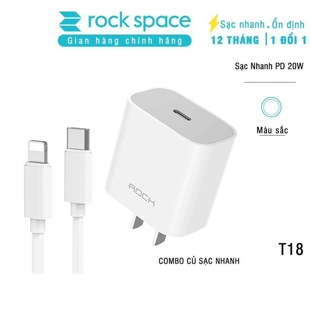 Bộ sạc nhanh ip chính hãng Rockspace T18 cáp sạc nhanh + củ sạc nhanh-Hàng bảo hành 1 năm
