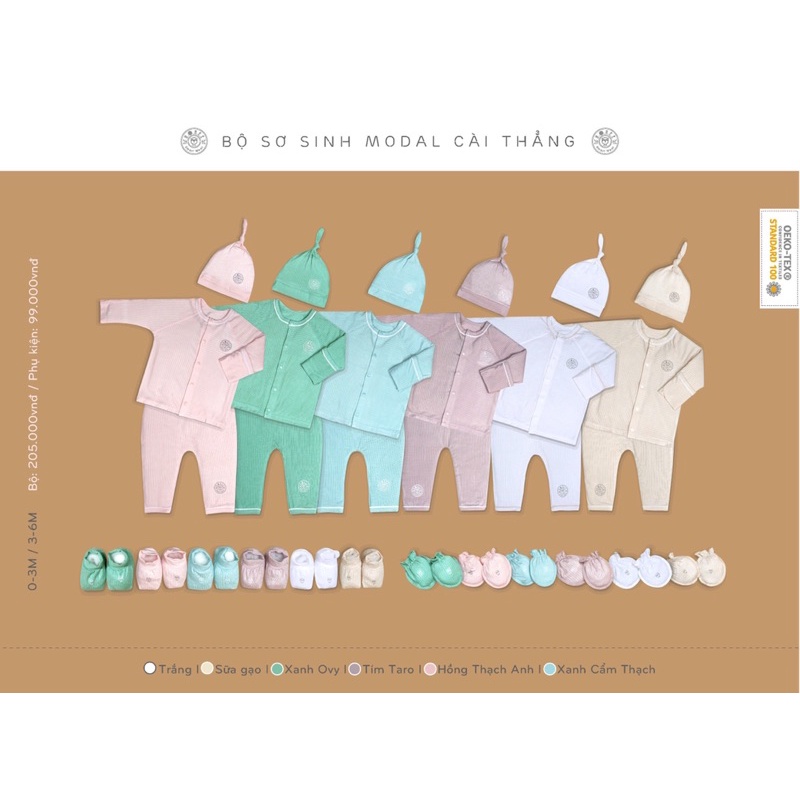 HRNEE chính hãng -  Bộ sơ sinh cài thẳng sợi modal gỗ sồi size 0-3M, 3-6M