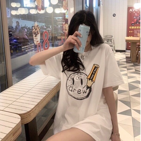 Áo thun tay lỡ phông unisex nam nữ màu trắng freesize cotton khô form rộng local brand Drew Bút Chì