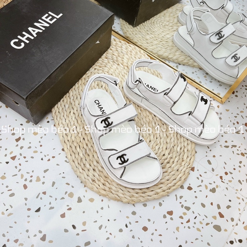 Sandal cn trắng viền kẻ quai dán ngang tag logo đế bằng fullbox
