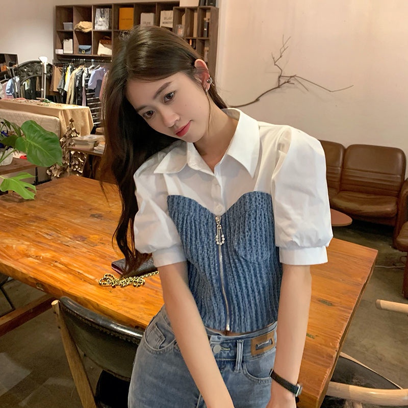 QOEDDV Áo Sơ Mi denim Tay Ngắn Phong Cách Hàn Quốc Thời Trang Mùa Hè 2023 Cho Nữ