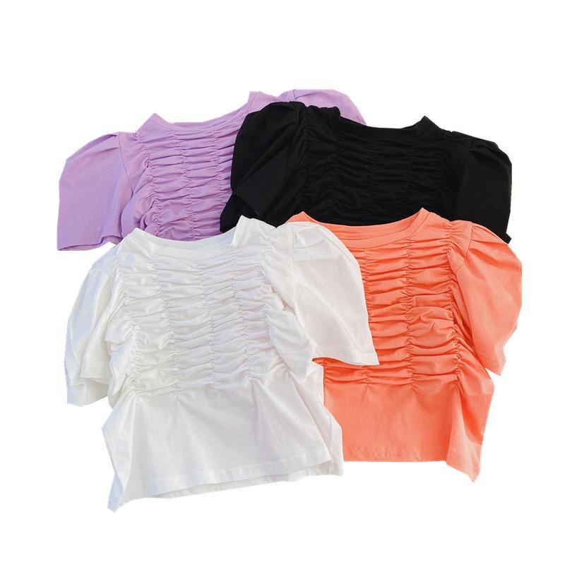 Áo Thun Cotton Tay Ngắn Phồng Xếp Ly Thoải Mái Phong Cách Âu Mỹ Thời Trang Mùa Hè Cho Bé Gái