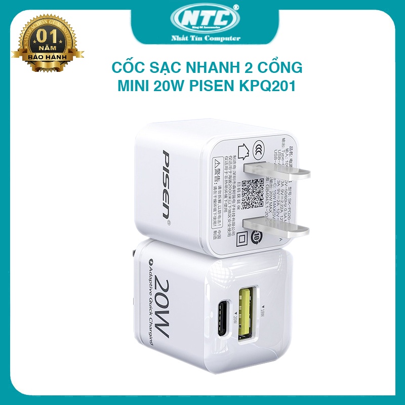 Cốc sạc nhanh 2 cổng Pisen KPQ201 mini - hỗ trợ USB QC 3.0 và TypeC PD 20W (Trắng) - Nhất Tín Computer
