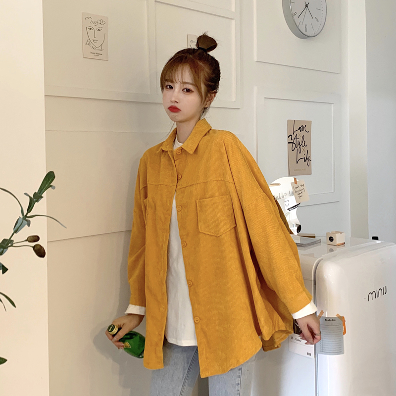 SUXI Áo Khoác Cardigan Nhung Kẻ Dài Tay Dáng Rộng Màu Trơn Phong Cách Retro Hàn Quốc