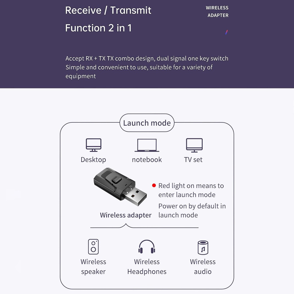 Audio Transmitter &amp; Receiver Bluetooth 5 0 100Mbps 2 4MHz Plug And Play with 3 5mm Audio Port Wireless USB ELEN