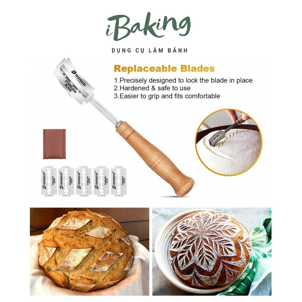 Dao rọc bánh mi, Dao rạch bánh mỳ Baguette có tay cầm gỗ, lưỡi dao có thể thay thế được (Tặng kèm bao da + lưỡi lam)
