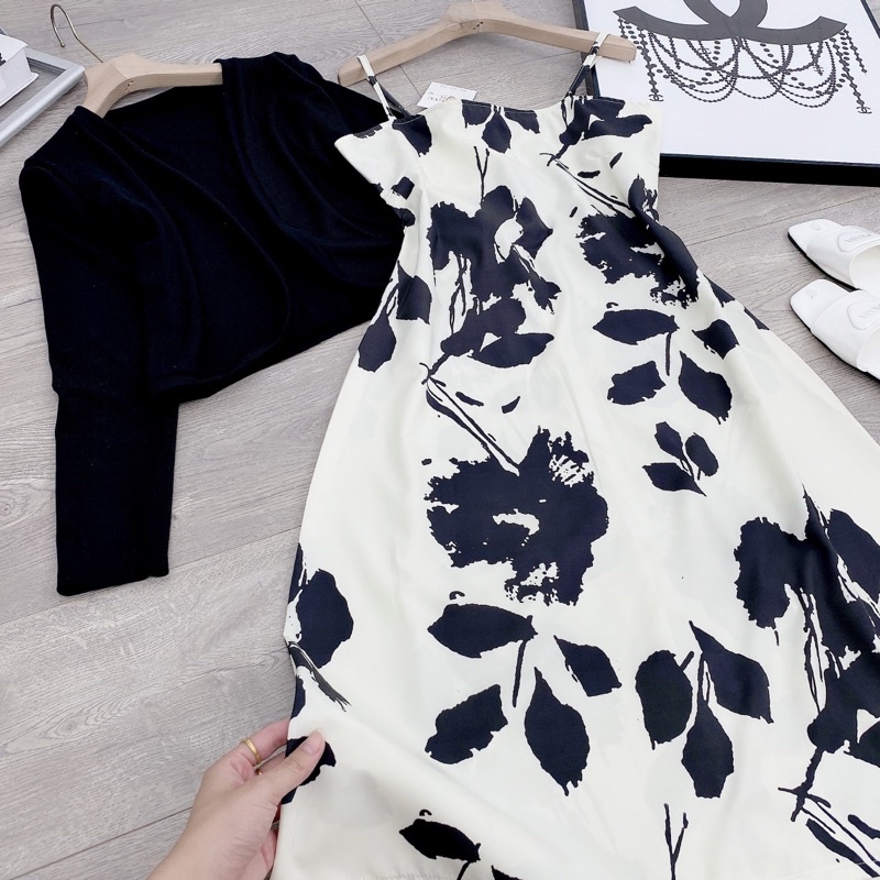 [ 𝐅𝐑𝐄𝐄 𝐒𝐇𝐈𝐏 ] SÉT VÁY 2 DÂY HOA MIX CADIGAN ĐEN SIÊU HÓT VÁY HOA THÔ LỤA