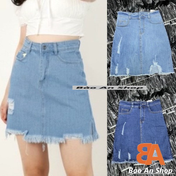 Chân váy Jeans kiểu chữ A xẻ rách 1 bên đùi 3 Size S M L