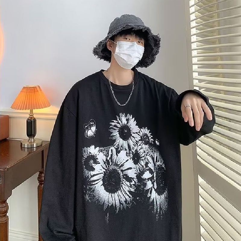 Áo Thun Tay Dài Dáng Rộng In Họa Tiết Hoa Phong Cách Hàn Quốc Thời Trang Cho Nam Và Nữ size M-5XL