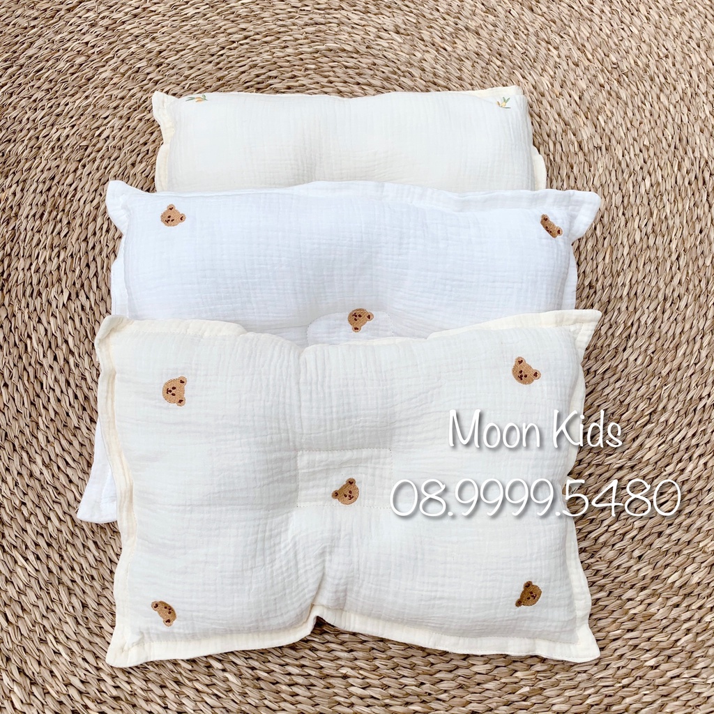 Gối sơ sinh cao cấp vải muslin thêu hoạ tiết siêu mỏng đẹp an toàn cho bé yêu (0-3m)