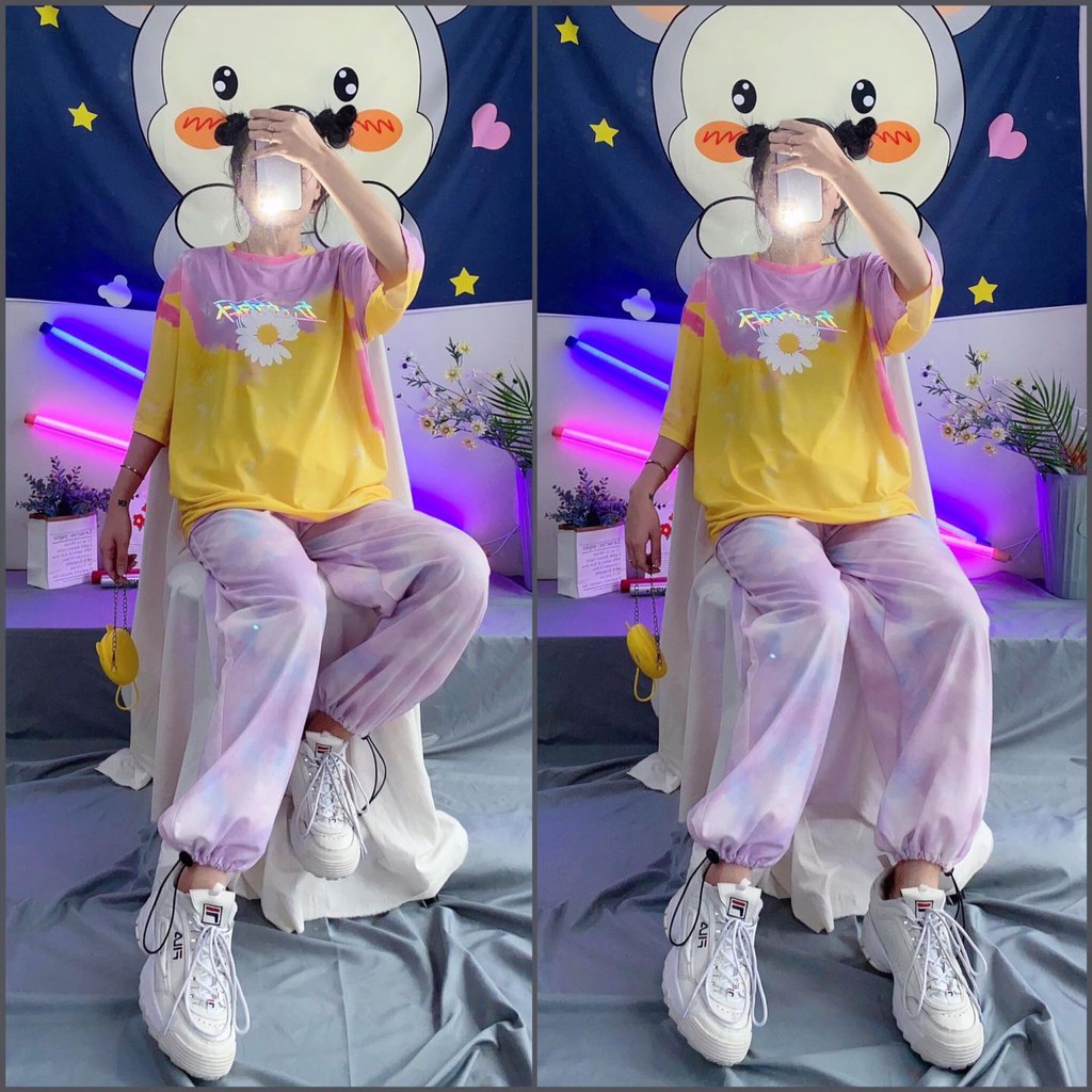 Set Bộ Áo Thun Tay Lỡ In Hình Tie Tee Phối Quần Jogger 3D Dây Rút Ulzzang Unisex Dáng Rộng - MM