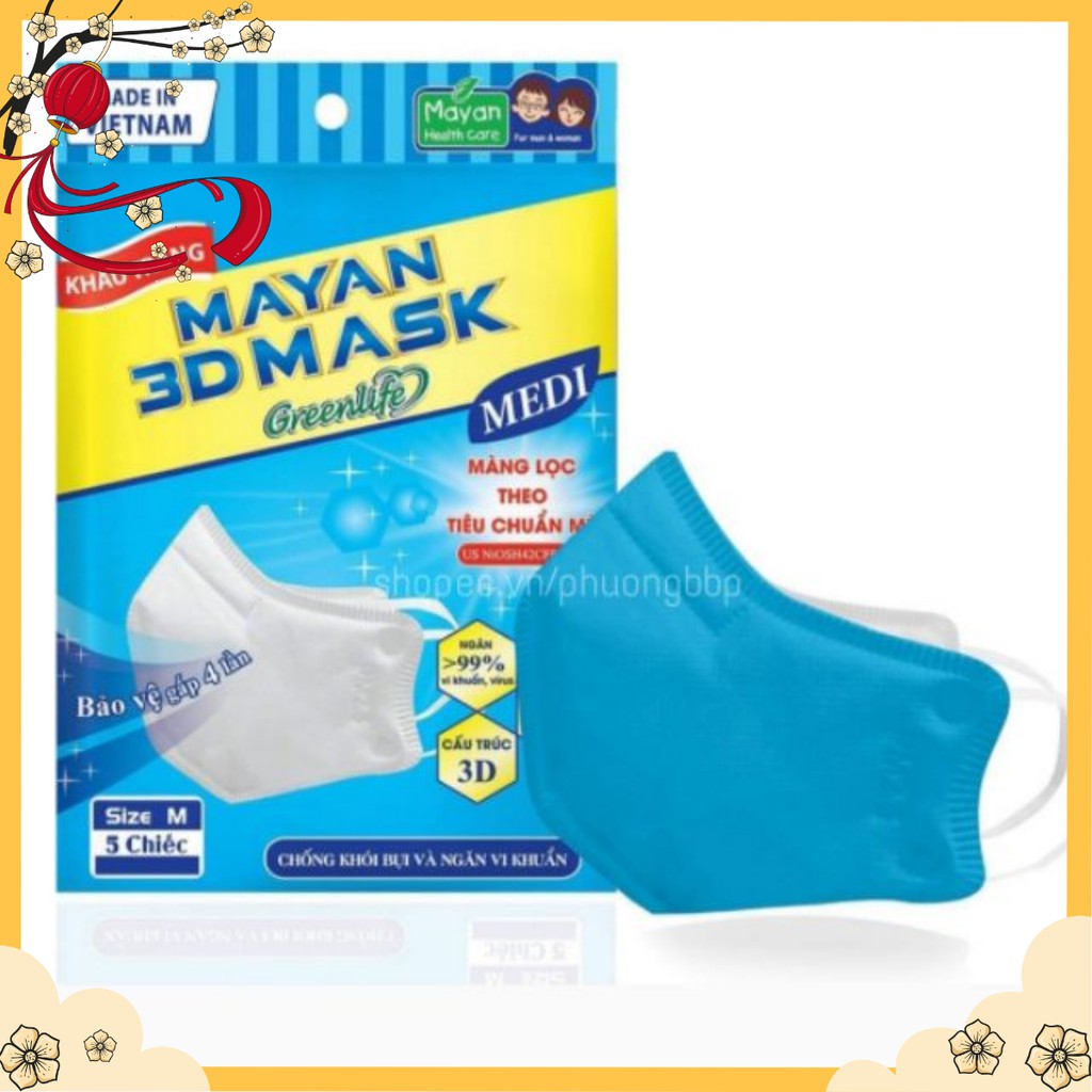 Khẩu trang y tế 4 lớp cao cấp Mayan 3d mask n95 (5 chiếc 1 túi) kháng khuẩn lọc bụi pm2.5