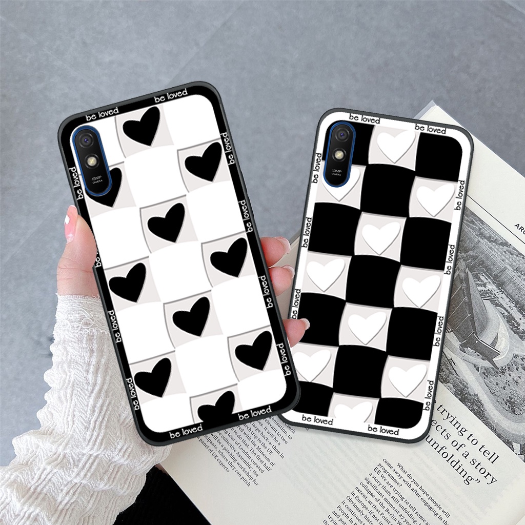 Ốp lưng Xiaomi Redmi 9A trái tim, hoạ tiết kẻ caro đen trắng thời trang