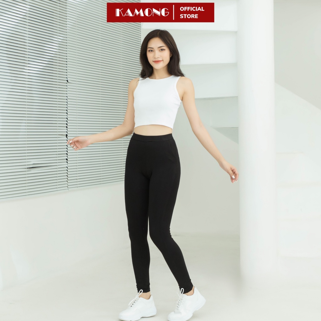 Quần legging nữ Nâng Mông Cao Cấp KAMONG cạp cao có túi vải cotton dẻo co dãn tốt dáng dài LG006