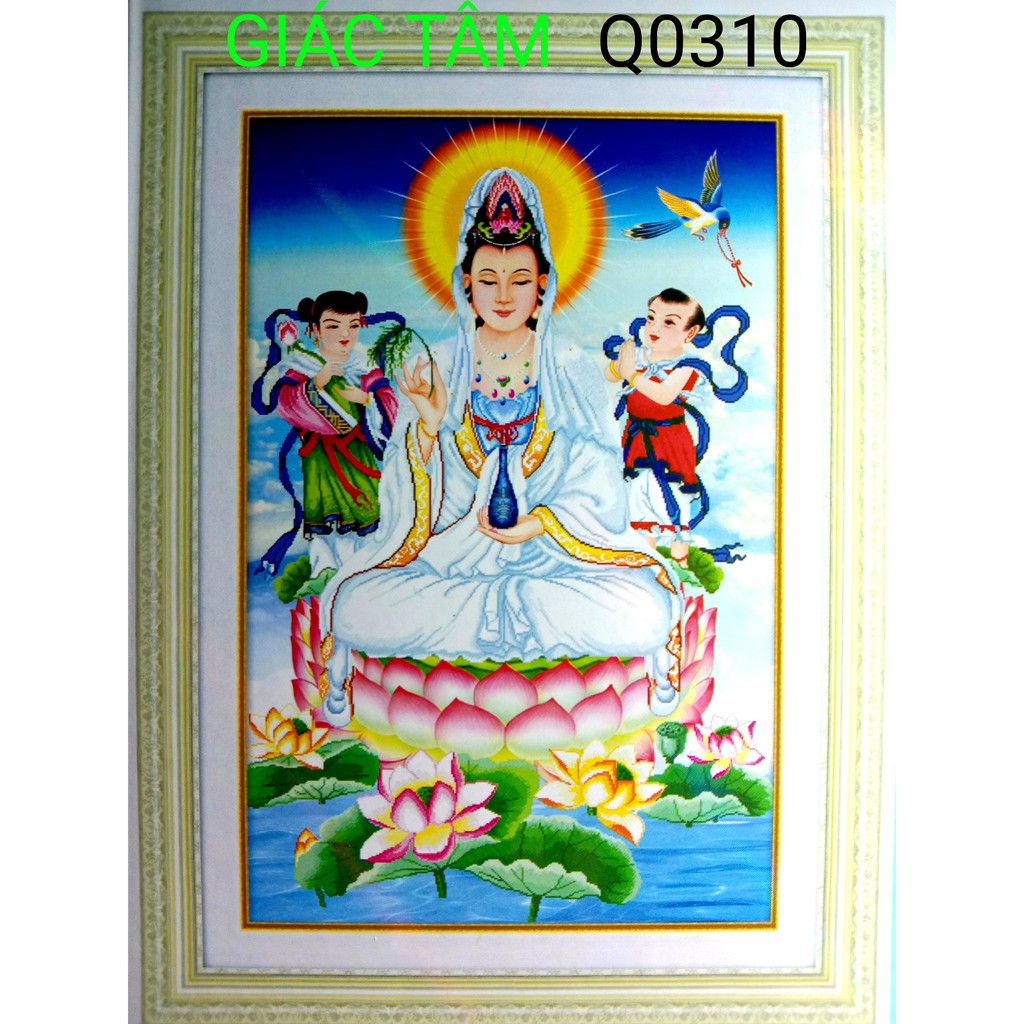 Tranh đá QUAN ÂM BỒ TÁT - 65x95cm - Q0310 - PHẬT QUÁN THẾ ÂM BỒ TÁT BÌNH CAM LỒ NHÀNH DƯƠNG LIỄU BÔNG HOA SEN NƯỚC THIỆN
