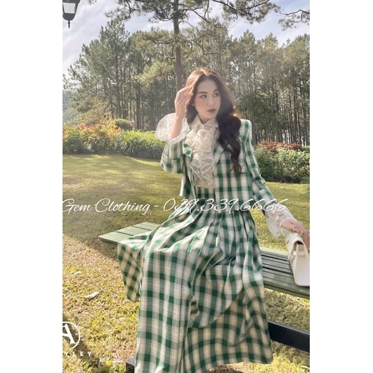 SET VEST CARO VÁY DÀI XẾP LY