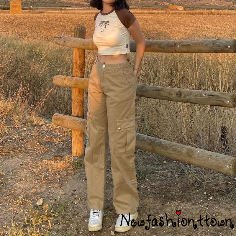 ღtwღLadies Solid Color Casual Pants, Summer Autumn Girls Retro Style Long Straight-leg Trousers with Pockets for