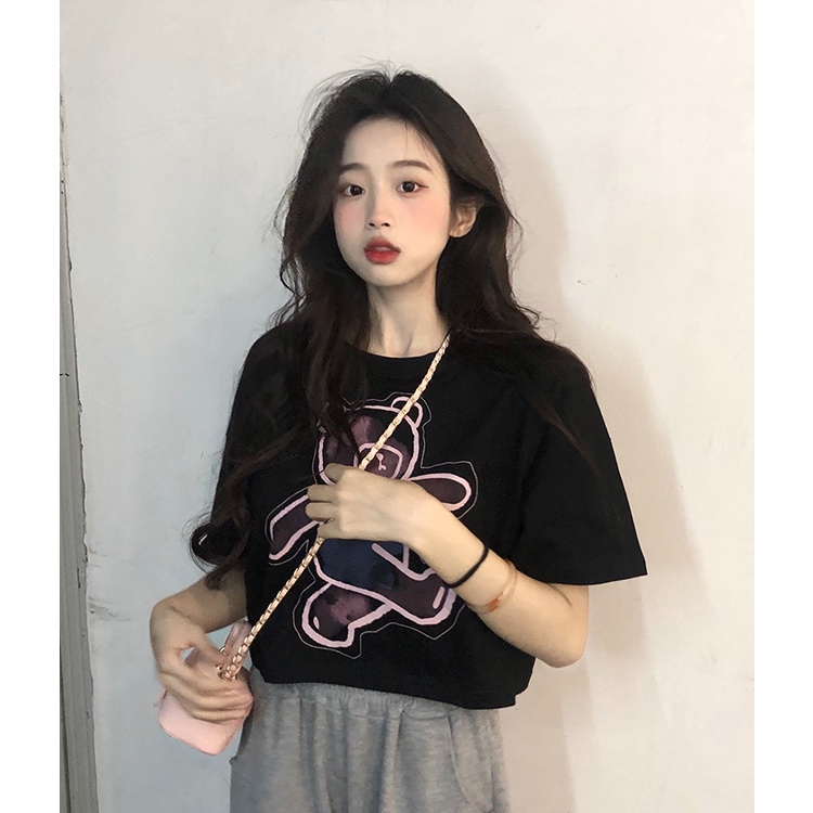 Áo Thun cotton Ngắn Tay Họa Tiết Hoa Thời Trang Hàn Quốc Cho Nữ