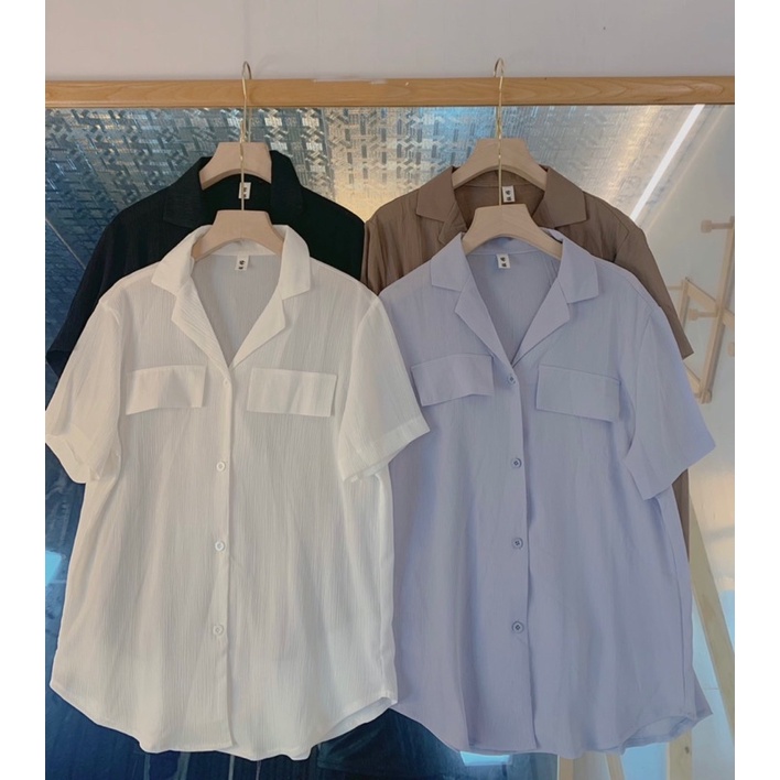 Áo sơ mi voan trơn cổ vest cộc tay túi giả, chất mát - ảnh thật hàng có sẵn