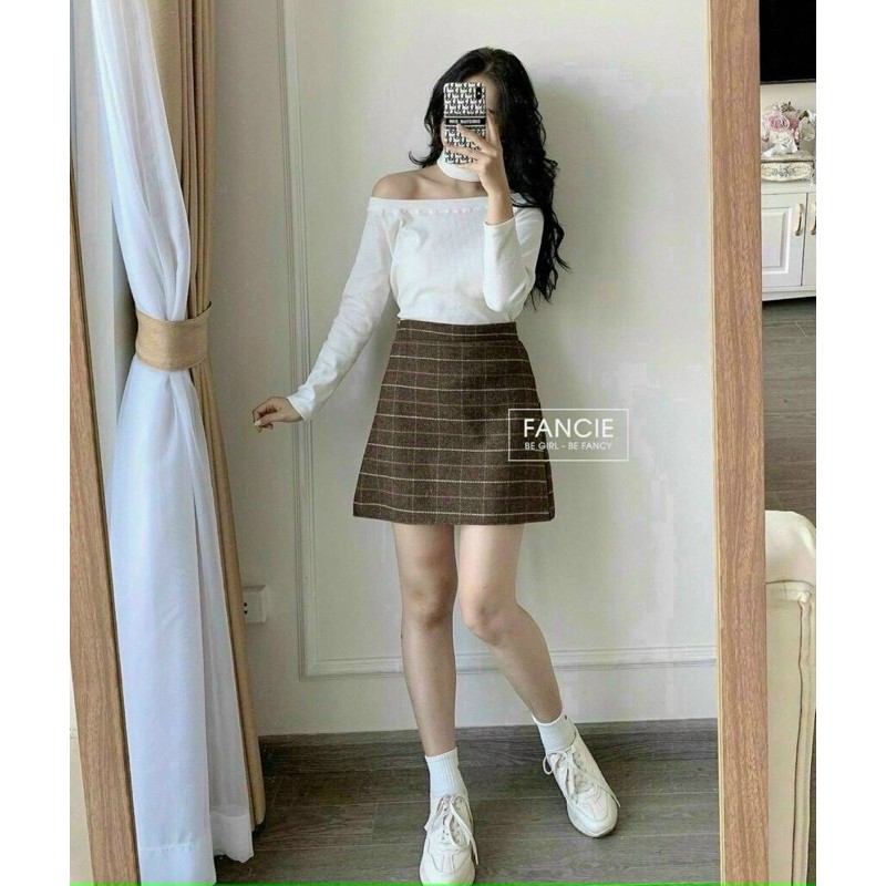 Set trang phục áo thun trắng tay dài kèm choker + chân váy caro form chữ A (SM)