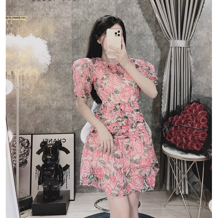 Đầm Hoa Hồng Đuôi Cá Nhún Siuu Cưng