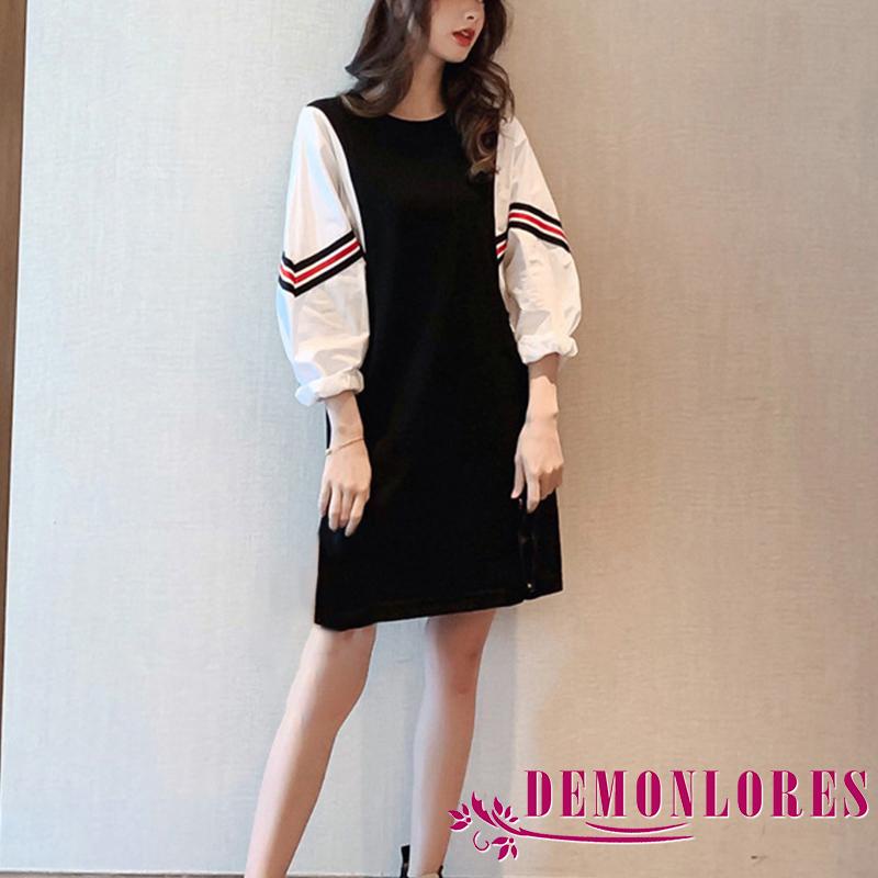 Đầm ngắn cổ tròn tay dài phối màu tương phản thời trang cho nữ