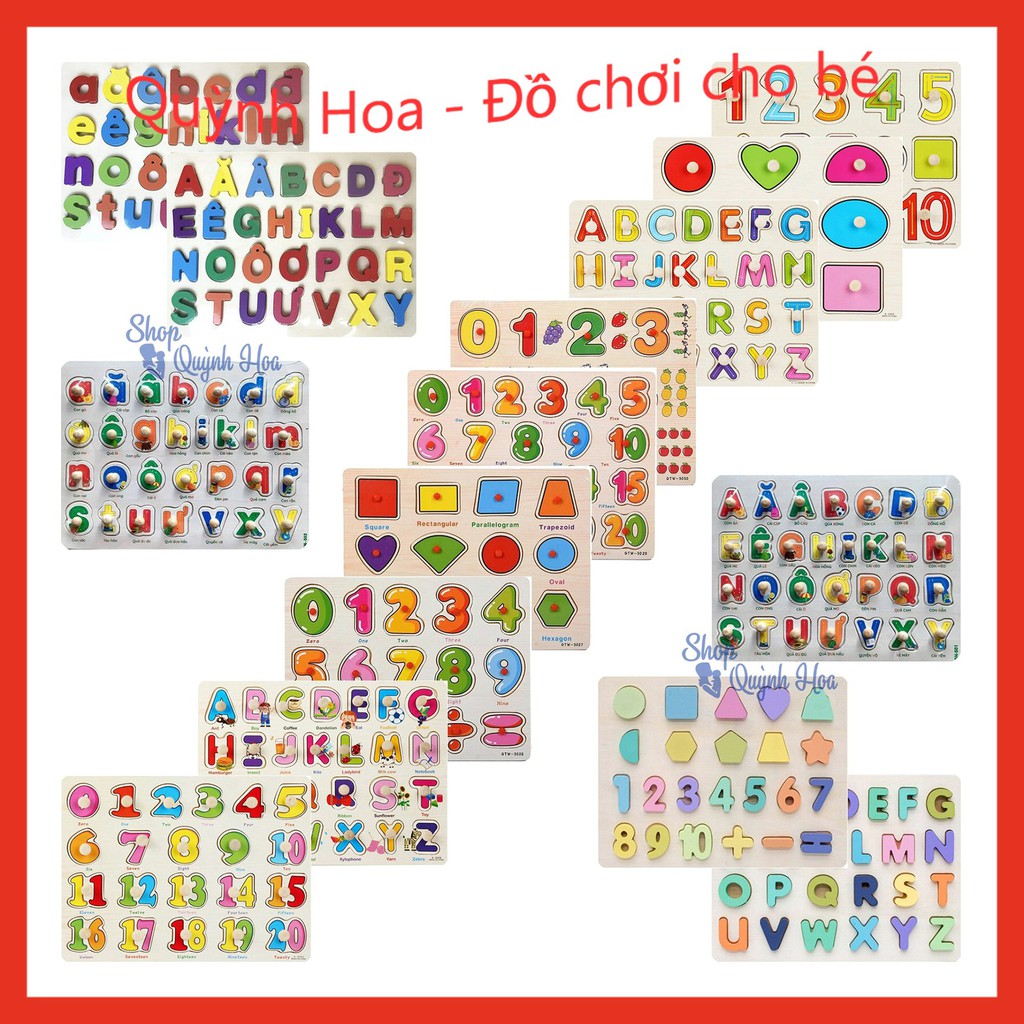 Bảng chữ cái bằng gỗ - Bảng ghép hình núm gỗ - Bảng chữ cái tiếng Việt / tiếng Anh / chữ số / hình khối - Đồ chơi gỗ