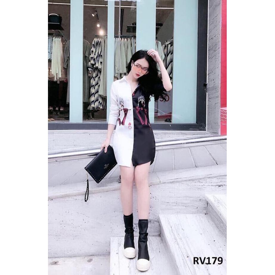 Hình thật - Xả kho Đầm sơ mi trắng đen