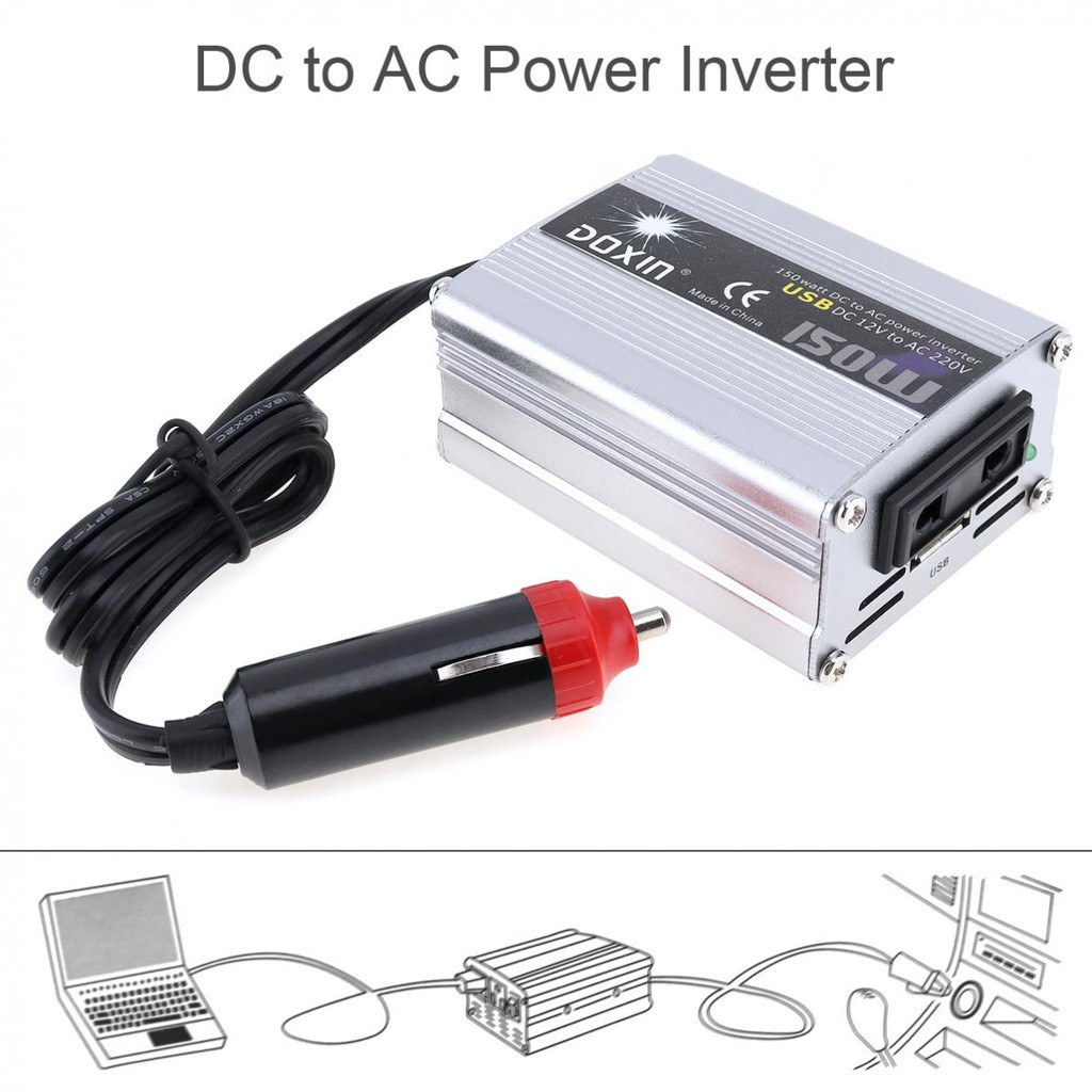 Bộ chuyển đổi nguồn điện từ 150W DC 12V 24V sang AC 220V 110V cổng USB cho xe hơi