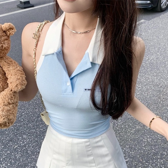 Áo ZHELIHANGFEI dệt kim không tay cổ polo hở vai lưng phong cách gợi cảm cho nữ