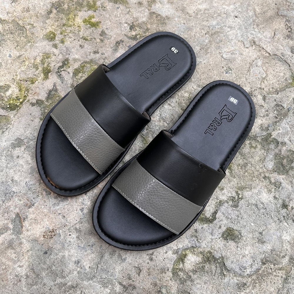 Dép da nam quai ngang phối đen xám thời trang - Da bò thật