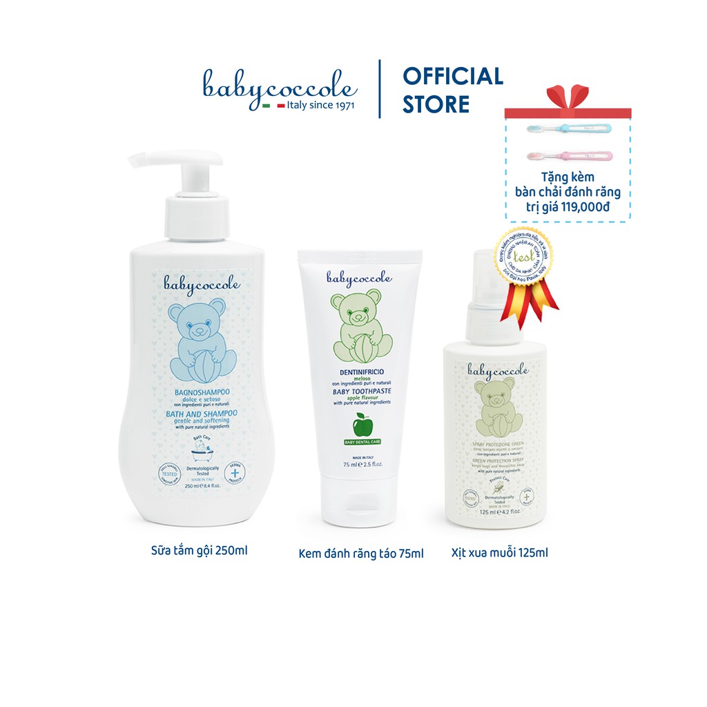 Combo Sữa Tắm Gội 250ml + Kem Đánh Răng Hương Táo 75ml + Xịt xua Muỗi cho Bé Babycoccole